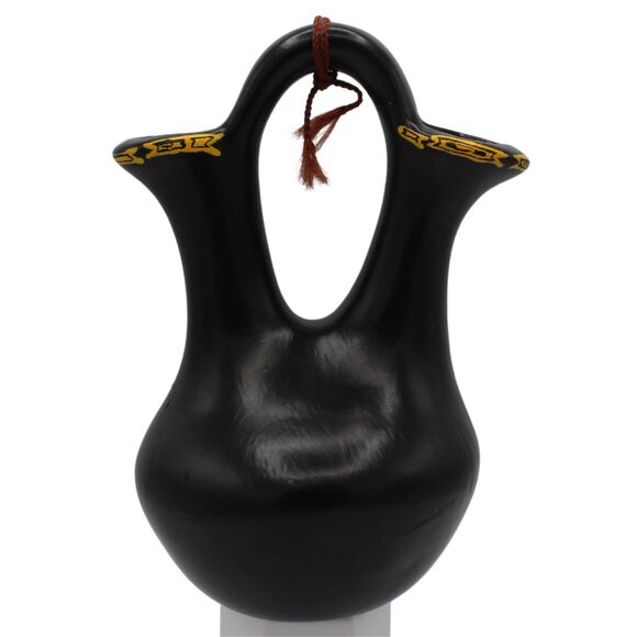 Vintage Southwestern Wedding Vase Black Ceramic Yellow Accents, Pueblo Style - Picture 3 of 7